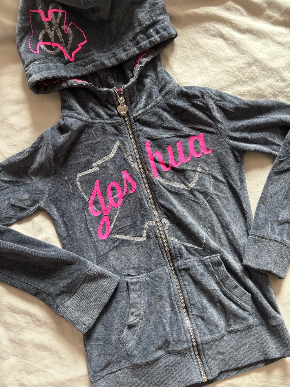 Girls' Gray Hooded Zip Jacket with Pink Script